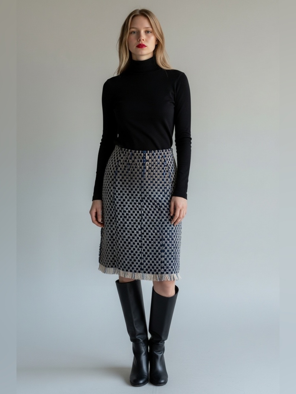 Lanvin Navy and Cream Midi Tweed Skirt with Fringe Hem